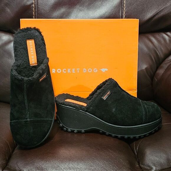 RocketDog Frann lined black suede platform mules - NIB size 8M - Picture 1 of 14